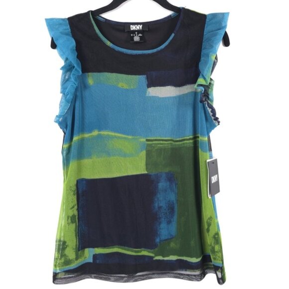 NWT DKNY Mesh Sheer Abstract Top Ruffle Sleeveless Black Green Blue Size SMALL - Picture 1 of 10